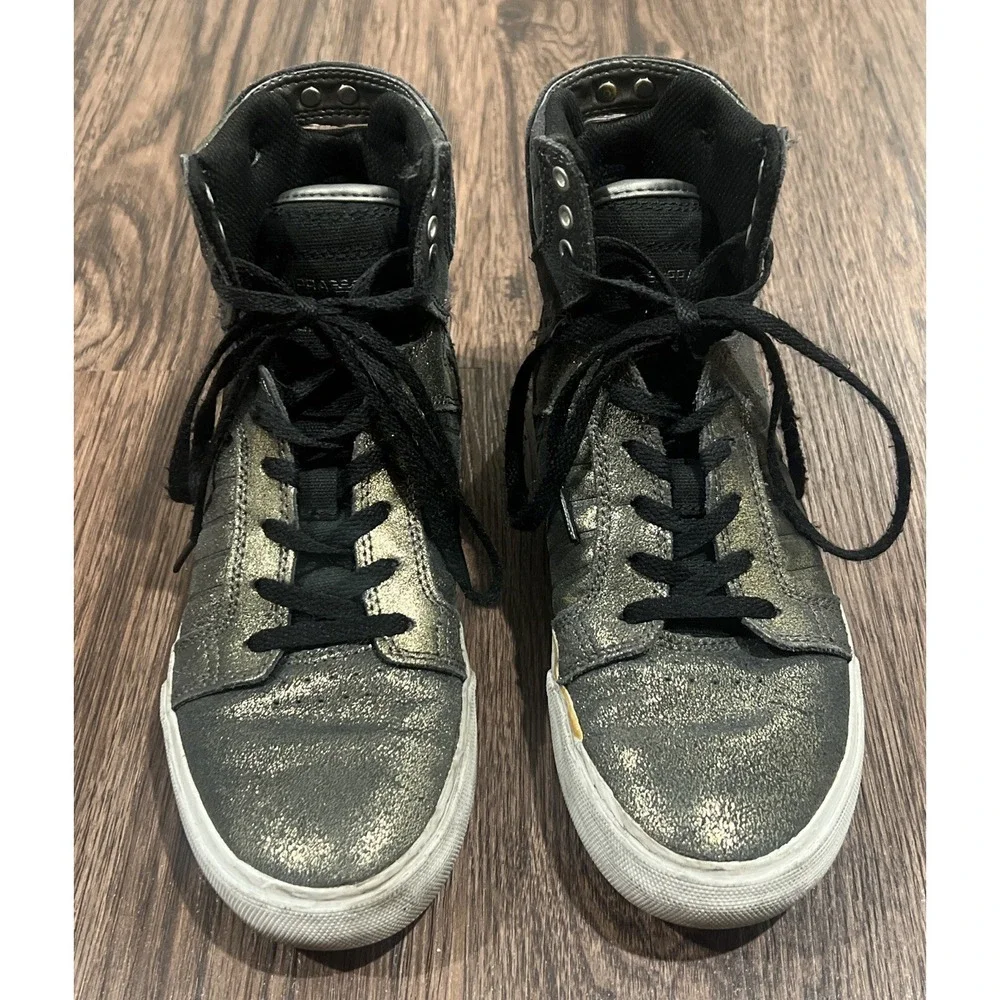 Supra Muska Skytop High Top Lace up Metallic Pewter Skate Kids Shoes Size 4.5